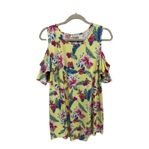 Hawaiian cold shoulder anti wrinkle yellow floral vacation size large reb & j